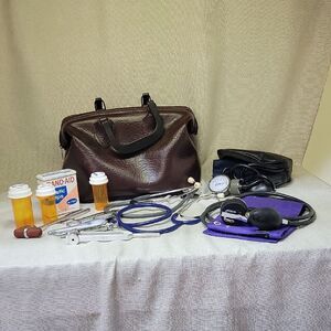 Leather Dr's Bag With Medical Instruments Stethoscope,  Blood Pressure Cuff Etc